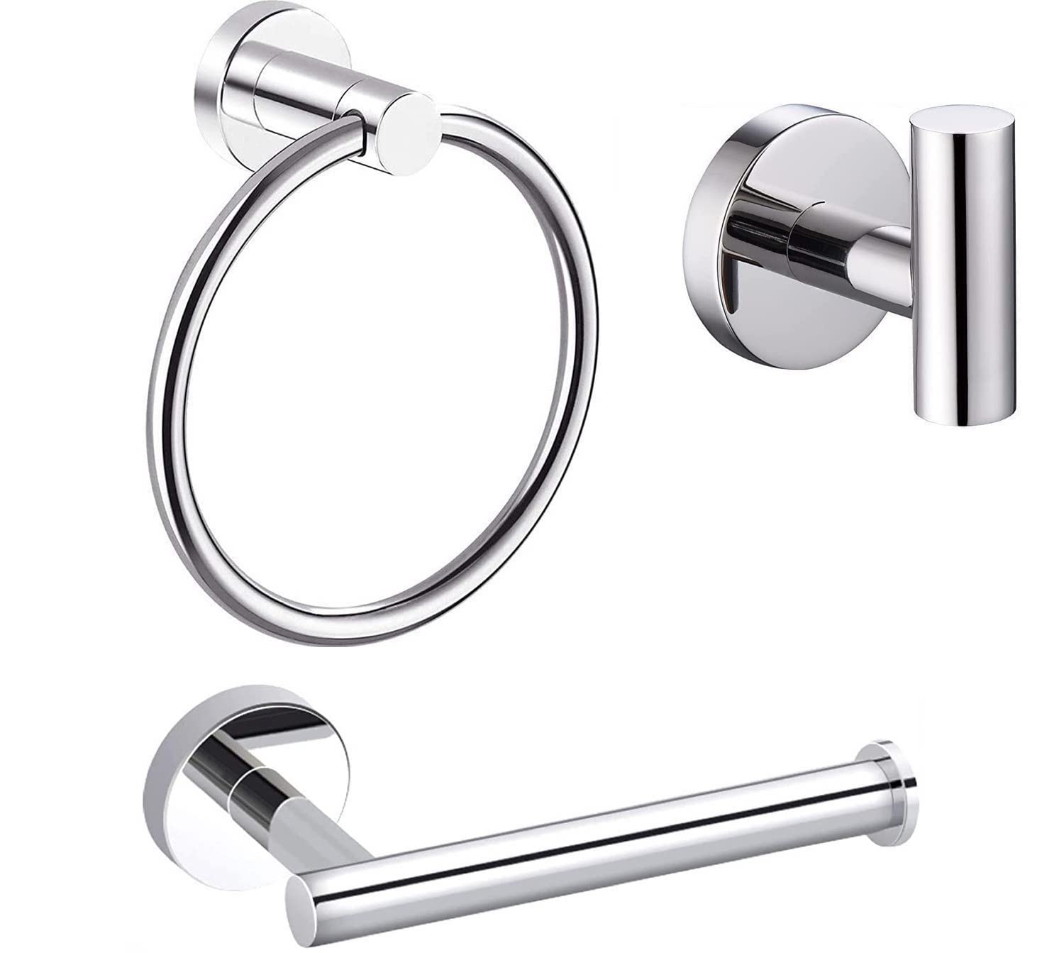 YUET Bathroom Hardware Accessories Set - SUS 304 Stainless Steel Brushed Wall Mounted Rack, Towel Ring Bar + Toilet Paper Roll Holder + Robe Hook, Bath Accessory Hooks (Chrome)