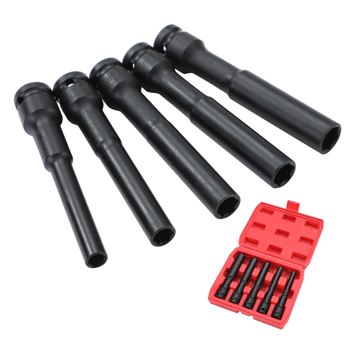 TOPWAY 1/2 Inch Drive Extra Deep Impact Socket Set 5 PCs Extra Long Thin Wall Metric 8-14mm Impact Sockets, Chrome-Moly Steel, Automotive Trucks Tractors Engines Repairing Tool