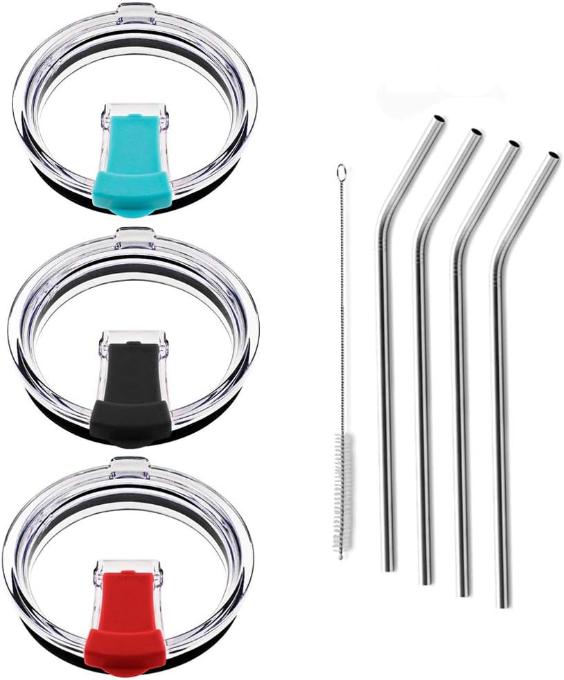 3pcs 20 oz Tumbler Replacement Lid, Spill Proof and Splash Resistant Lid & 4 Stainless Steel Drinking Straws for Fits Yeti rambler, Ozark, Cleaning Brush Included (20 oz)