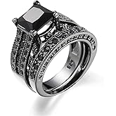 Vintage 925 Sterling Silver Black Gem Ring Cocktail Rings Square Cut Black Onyx Marcasite Cubic Zirconia Promise Rings Set CZ Eternity Engagement Wedding Band Ring Sets for Women TZ.108 (US Code 9)