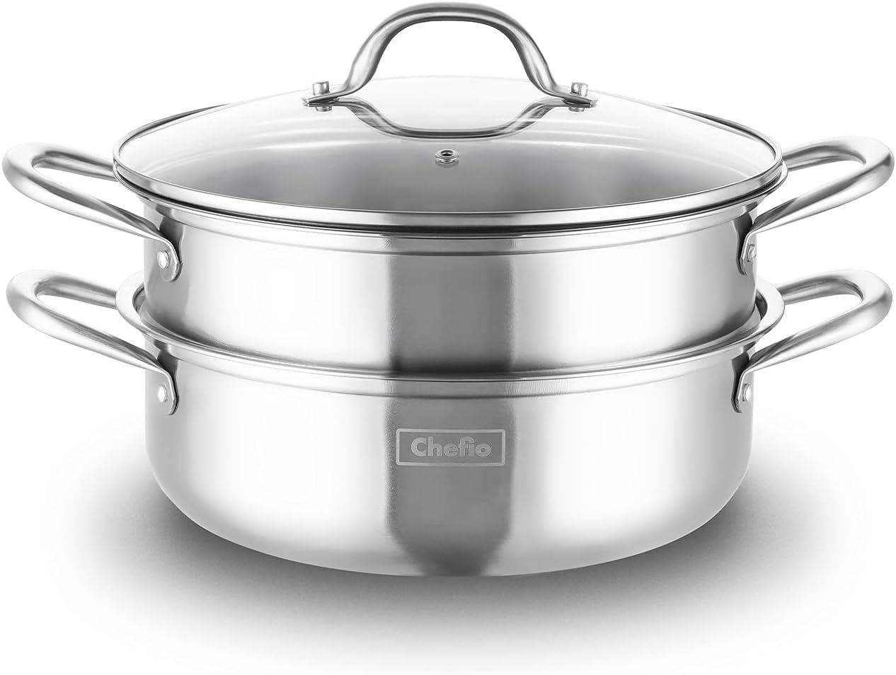 Chefio Stainless Steel 3-Piece 5.8-Quart 2-Tier Pasta/Steamer Set with Tempered Glass Lid and Double Handles - Easy to Clean, Dishwasher Safe (Stainless Steel Color): Kitchen & Dining
