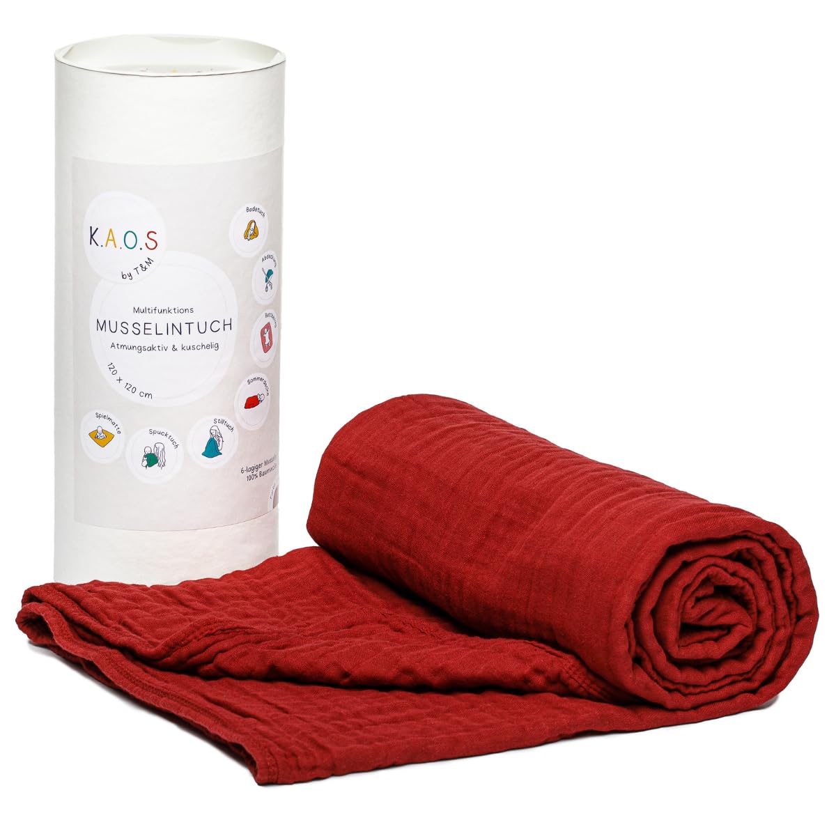 Premium Muslin Blanket in Red – 120 cm x 120 cm – 6-Ply – 100% Muslin Cotton – Red Towel Birth – Bedspread, Swaddling Cloth, Nursing Cloth, Baby Blanket and Much More – Meaningful Gift Idea