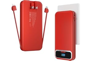 AONIDI 12000mAh Lightweight-Portable-Charger-Power-Bank with Built-in Cables and AC Wall Plug, PD20W USB-C Fast Charging Battery Pack, LED Display External Travel Phone Charger for All iPhone,Samsung,Android