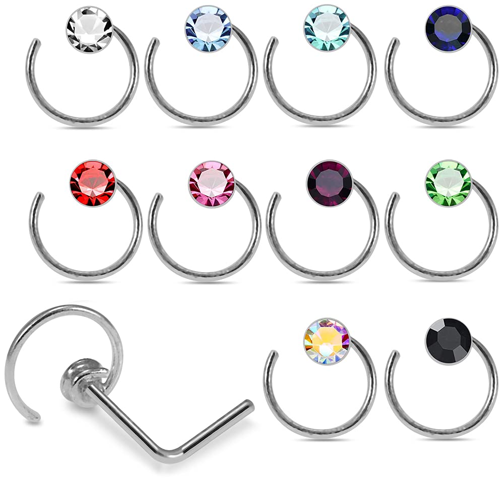 AZARIO London Box Set 20 Pieces Jeweled Spiral Top 22 Gauge 925 Sterling Silver L Bend Nose Stud Piercing