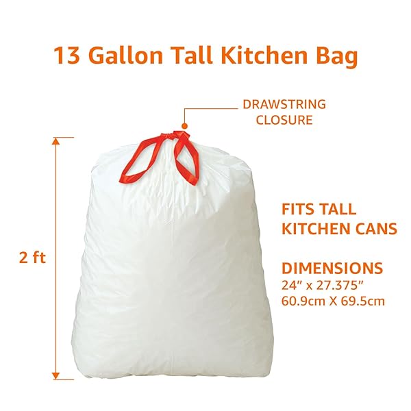 AMAZON BASICS 13 GALLON TALL KITCHEN DRAWSTRING TRASH BAGS, CLEAN FRESH SCENT, 10% POST CONSUMER RECYCLED, 80 COUNT
