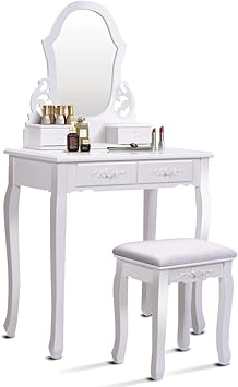 Amazon Com Goflame Vanity Set Makeup Dressing Table W Upholstered Stool Ultra Clear Fan Shaped Mirror 4 Carved Drawers Removable Top Part 2 In 1 Multifunctional Design Classic Pine Wood Material White Furniture Decor