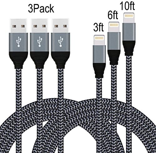 Frieso [3+6+10]FT Lightning Cable Nylon Extra Long USB Cord Charging Cable for iPhone7,7plus,SE,6s,6s plus,6plus,6,5s 5c 5,iPad Mini,Air,iPad5,iPod (Gray Black).