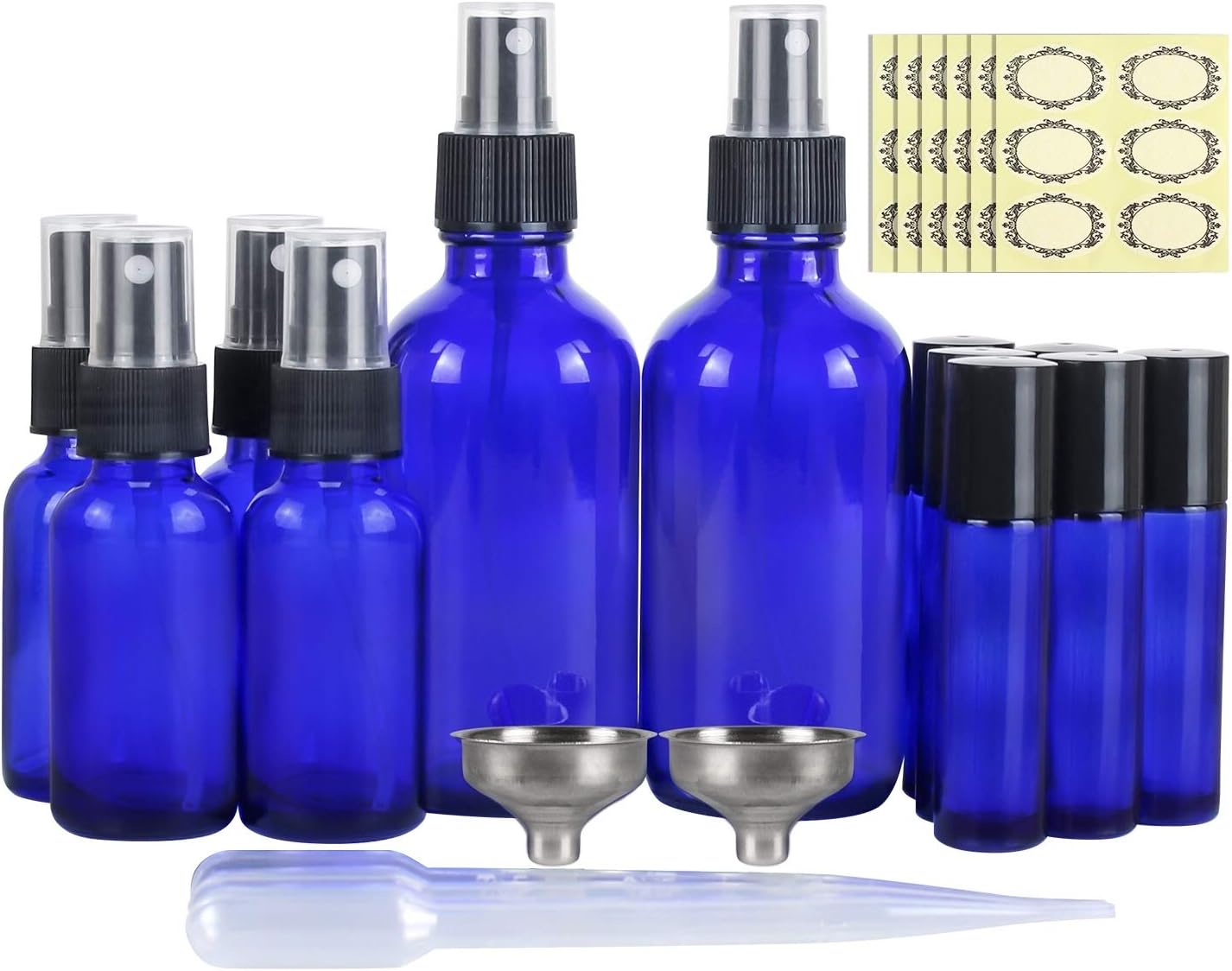 12 Pack, Cobalt Blue Glass Spray Bottle Kits - 2 Pack 4oz & 4 Pack 1oz Spray Bottles & 6 Pack 10ml Roller Bottles for Essential Oils or Cleaning Products. Labels, Including Droppers & Funnels