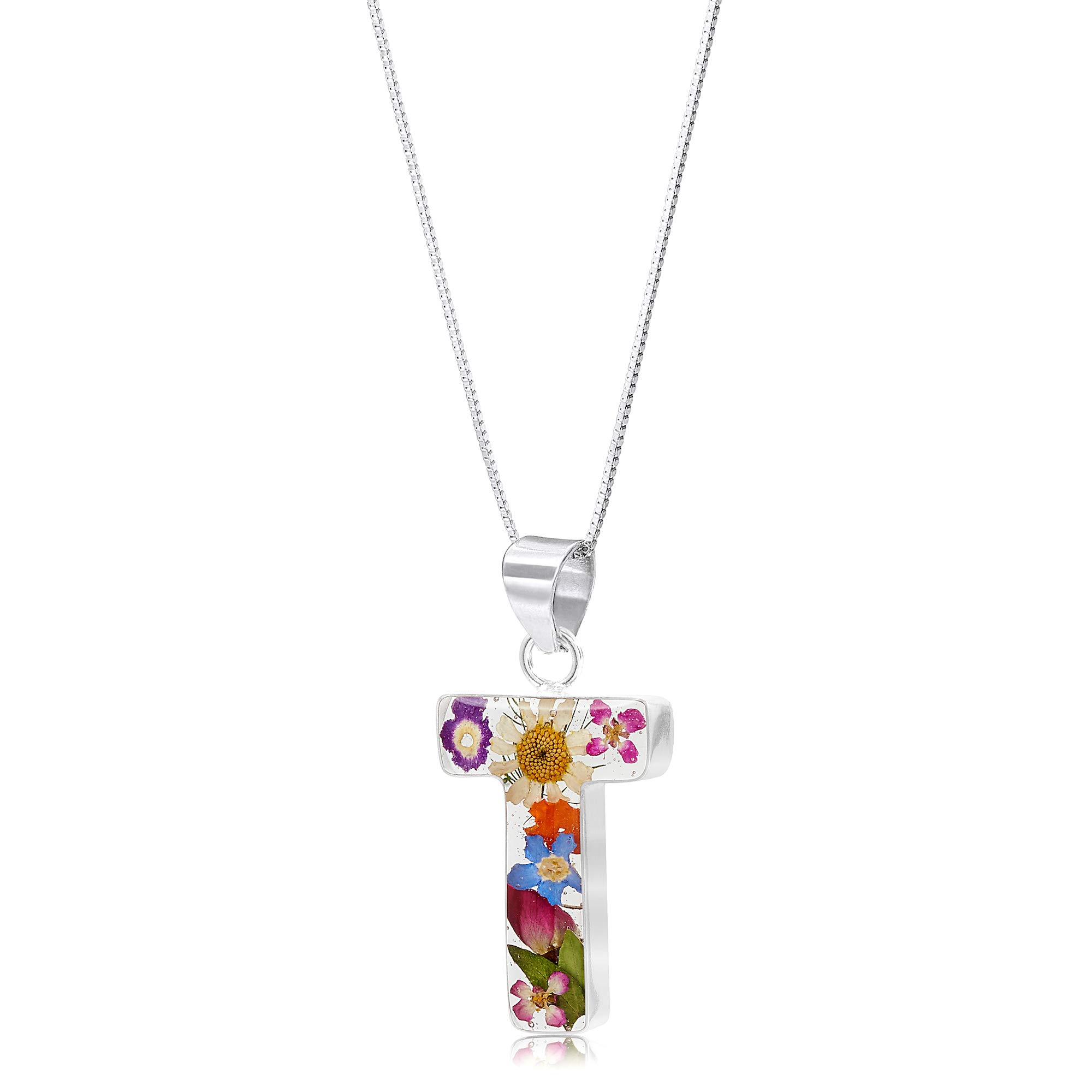 Shrieking Violet 925 Sterling Silver Letter Real Flower Initial Pendant Necklace - Assorted Flowers (Multicolour)