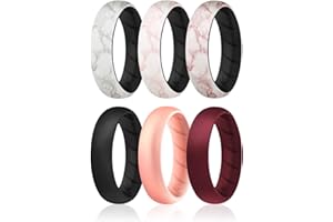 ROQ Silicone Rings for Women, Breathable Silicone Rings, Sets of 6 Bands, Unique Silicone Wedding Ring for Women, Medical Grade Silicone Rubber Band - Black, Marble, Maroon, Rose Gold Colors - Size 5