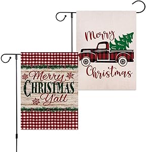 Vanely 2Pcs Merry Christmas Garden Flag Vertical Double Side, Red Truck Buffalo Check Plaid Flag, Xmas Burlap Yard Outdoor Decorations (12 x 18 Inches)