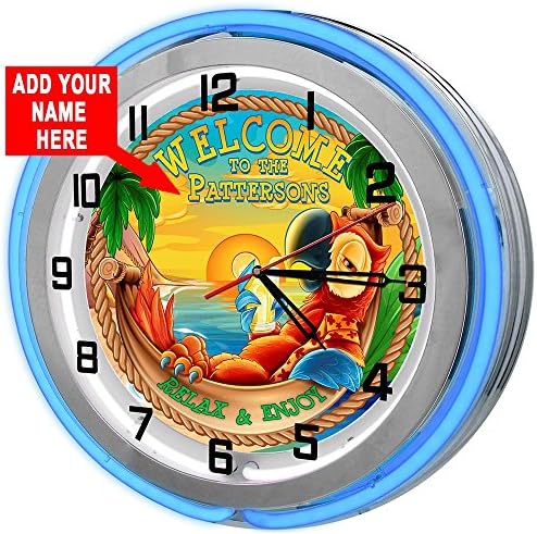 Redeye Laserworks Personalized Tiki Parrot Beach Bar 18" Blue Double Neon Garage Clock from