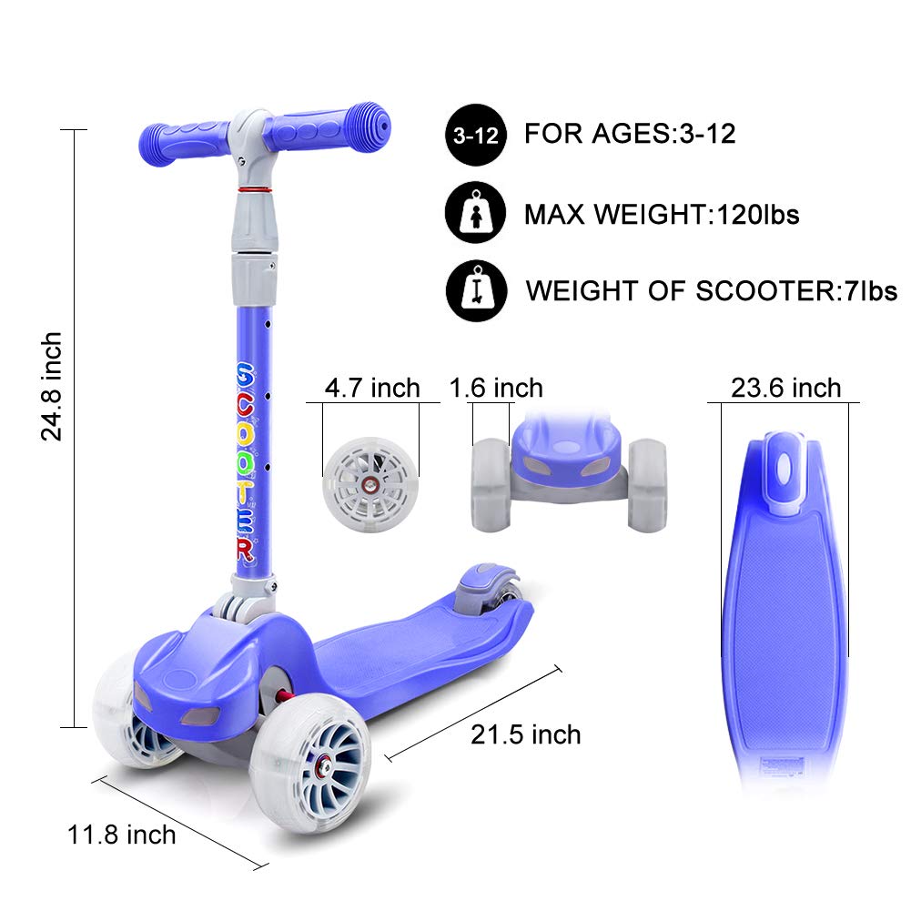 67i Kick Scooter for Kids 3 Wheel Scooter for Toddlers Girls & Boys 4 Adjustable Height Lean to Steer with PU Flashing Wheels for Children from 3 to 12 Years Old (Dark Blue)