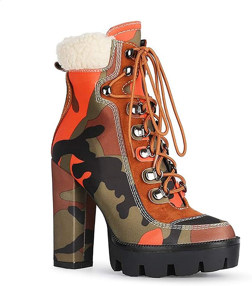 Platform Boots for Women, Heeled Combat Boots Chunky Heel Booties Round Toe Lace Up High Heel Ankle Boots
