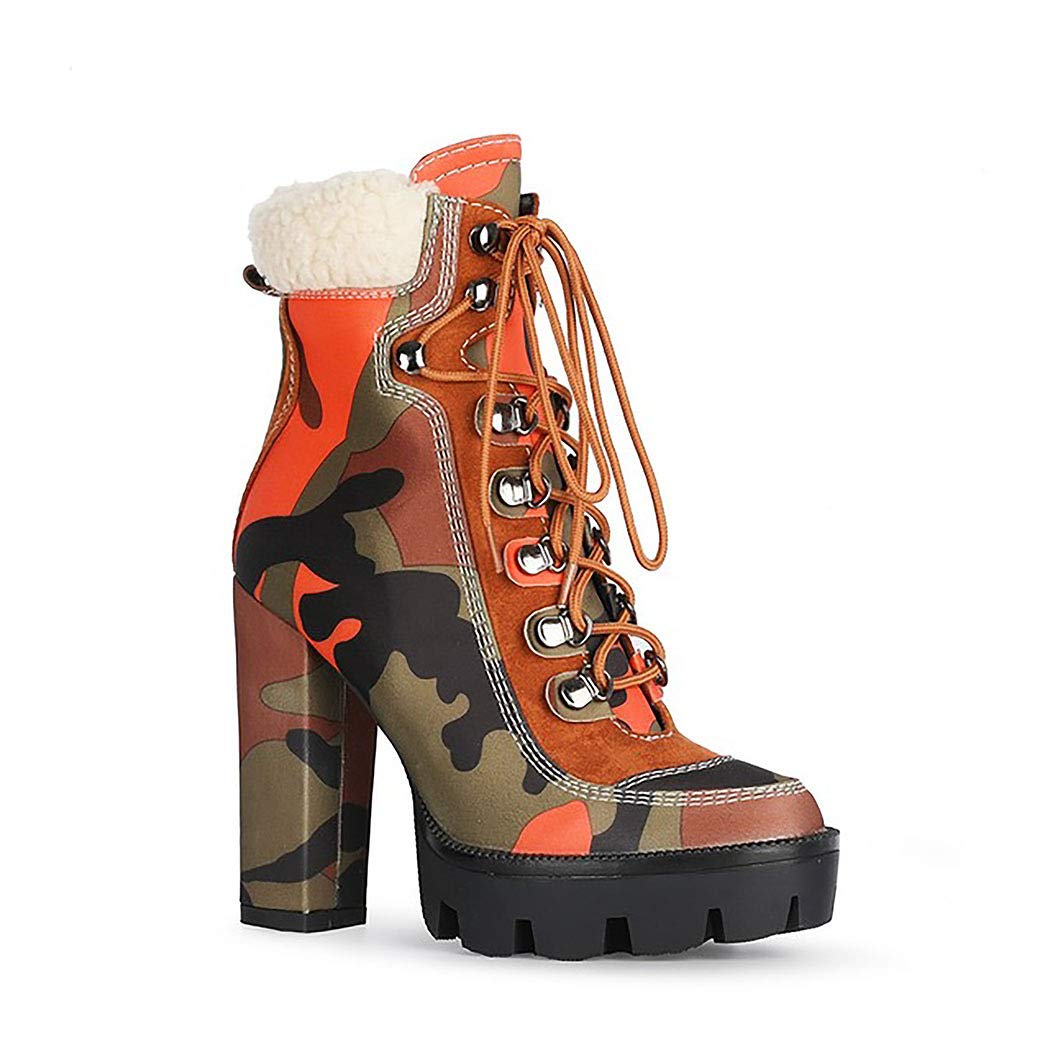 Platform Boots for Women, Heeled Combat Boots Chunky Heel Booties Round Toe Lace Up High Heel Ankle Boots