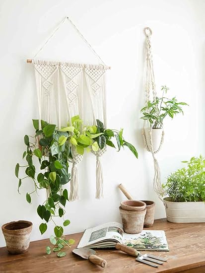 Lazy Gardener Macrame Plant Wall Hanger, Handmade, 100% Organic Cotton (Triple Plant Hanger + Beads Knotted(Cream))