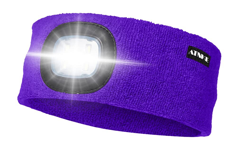 ATNKE LED Lighted Headband, USB Rechargeable Running Hat Ultra Bright 4 LED Waterproof Light Lamp Headlamp High Stretch Moisture Wicking Multi-Color/Purple