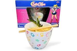 Sailor Moon Symbol Ramen Soup Rice Bowl with Chopsticks, Features symbols for each Sailor Scout, 16oz, by Just Funky - Mars, 