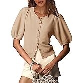 Saodimallsu Womens Puff Short Sleeve Cardigan Lightweight Summer Button Down Shirts Knit Crew Neck Sweater Tops