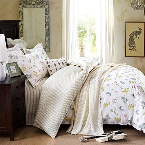 200TC [More colors] [farmhouse style] Pure cotton Plants and flowers Duvet Cover Set 4 Pieces(1Duvet cover 1Flat sheets 2Pillow)-B Queen2