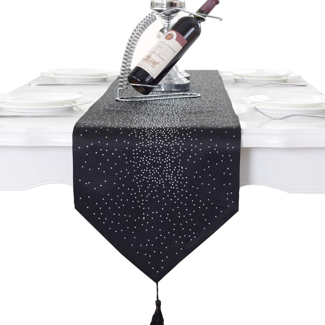 Luxury Diamond Bright Star Black Damask Silk Tassel Home Decorative Table Runner 98 inch
