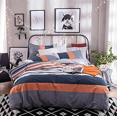 Gray Orange Navy Blue And White Stripe Duvet Cover Sets Queen Size Cotton Spring Summer 4pcs Bedding Sets For Children And Adults Amazon Co Uk Kitchen Home
