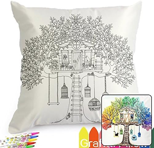 Treehouse Pattern Graffiti Coloring Pillowcases 18 Inch Square for Kids, with A Set of 12 Doodle Color Pens