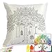 Treehouse Pattern Graffiti Coloring Pillowcases 18 Inch Square for Kids, with A Set of 12 Doodle Color Pens
