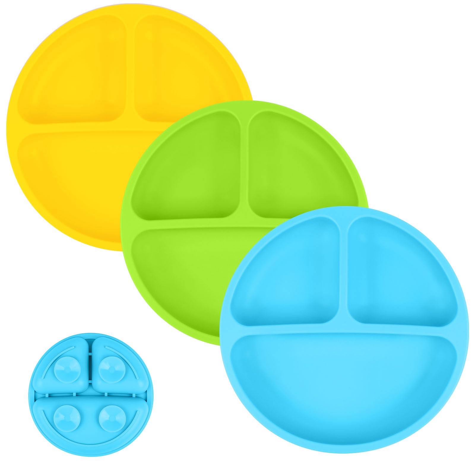 Vicloon Baby Suction Plate, 3Pcs Silicone Baby Suction Plates, Non Slip Silicone Toddler Weaning Plate, Divided Dishes for Toddler Kids Self Feeding, Fits for Most Highchairs Trays