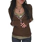 Womens Fall Long Sleeve Grunge Shirt Tops Slim Contrast Color V Neck Tops Streetwear Aesthetic Clothes