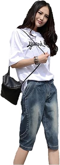 Amazon レディース デニム ジーパン クロップド デニム 7分丈 七分丈 デニムパンツ 古着風 ダメージ ユーズド加工 ストリート クロップドパンツ ジョガーパンツ 裾リブ カジュアル おしゃれ K11 32 カプリ クロップトパンツ 通販