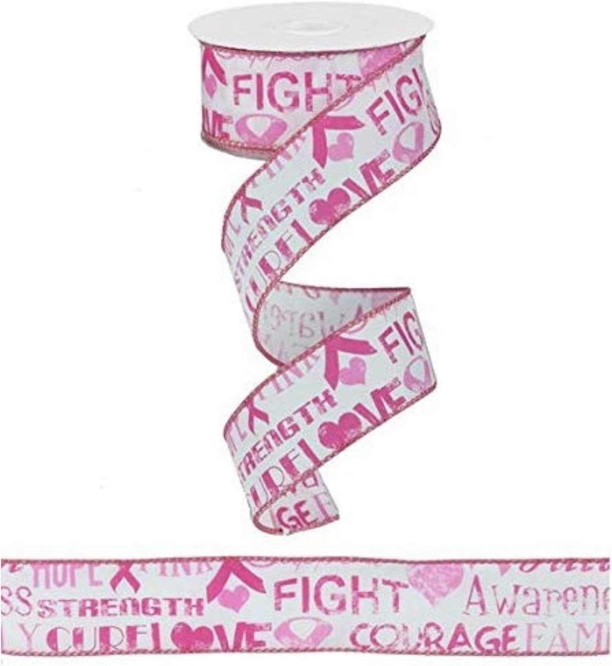 Breast Cancer Awareness Wired Edge Ribbon (Pink, White) (1.5" x 10 Yards)