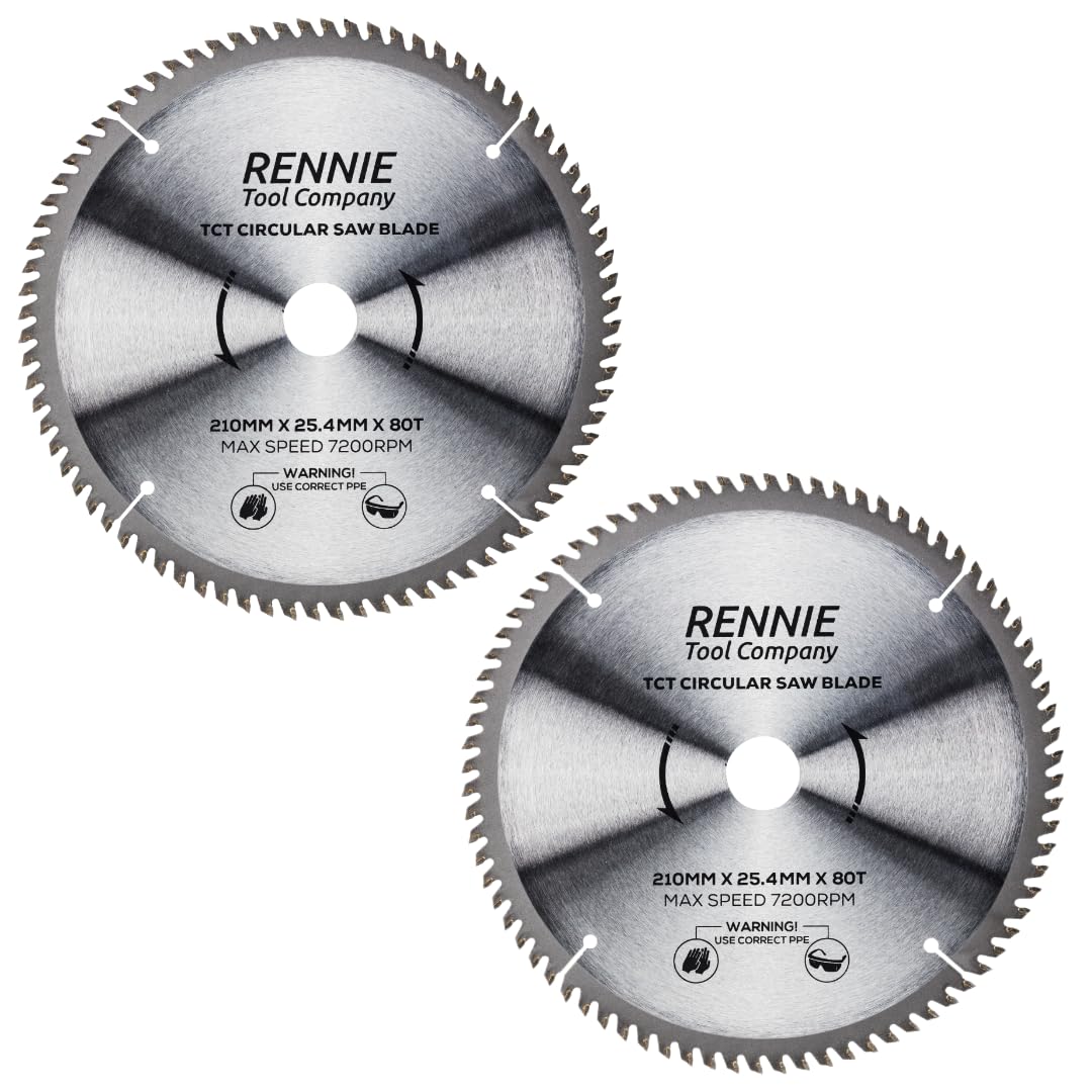 Rennie Tools 2 Pack - 210mm x 80T x 25.4mm Bore TCT Circular Wood Saw Blades Fits Evolution Saws & Evolution Rage Saws. 210mm Saw Blades 25.4mm Bore With 80 Teeth