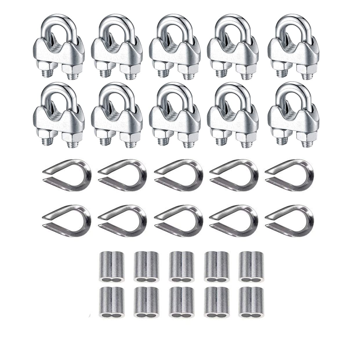 30pcs Wire Rope Clamp M6, 304 Stainless Steel Wire Rope Clips Clamps, Heavy Duty U Bolt Saddle Fastener with 10 Steel Wire Rope Loops and Aluminum Sleeves Clips for 6mm Wire Rope Cable