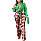 2 Piece Outfits for Women Sexy V Neck Print Shirts Tie Knot Batwing Blouses Crop Top Wide Leg Pants Set