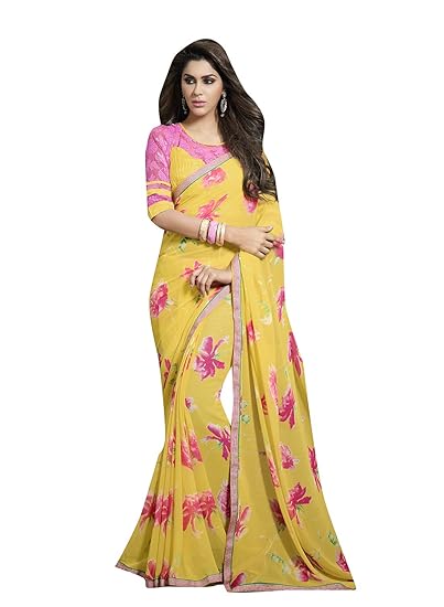 Womens Bamberg Georgette Whimsical Printed Saree (Yellow)