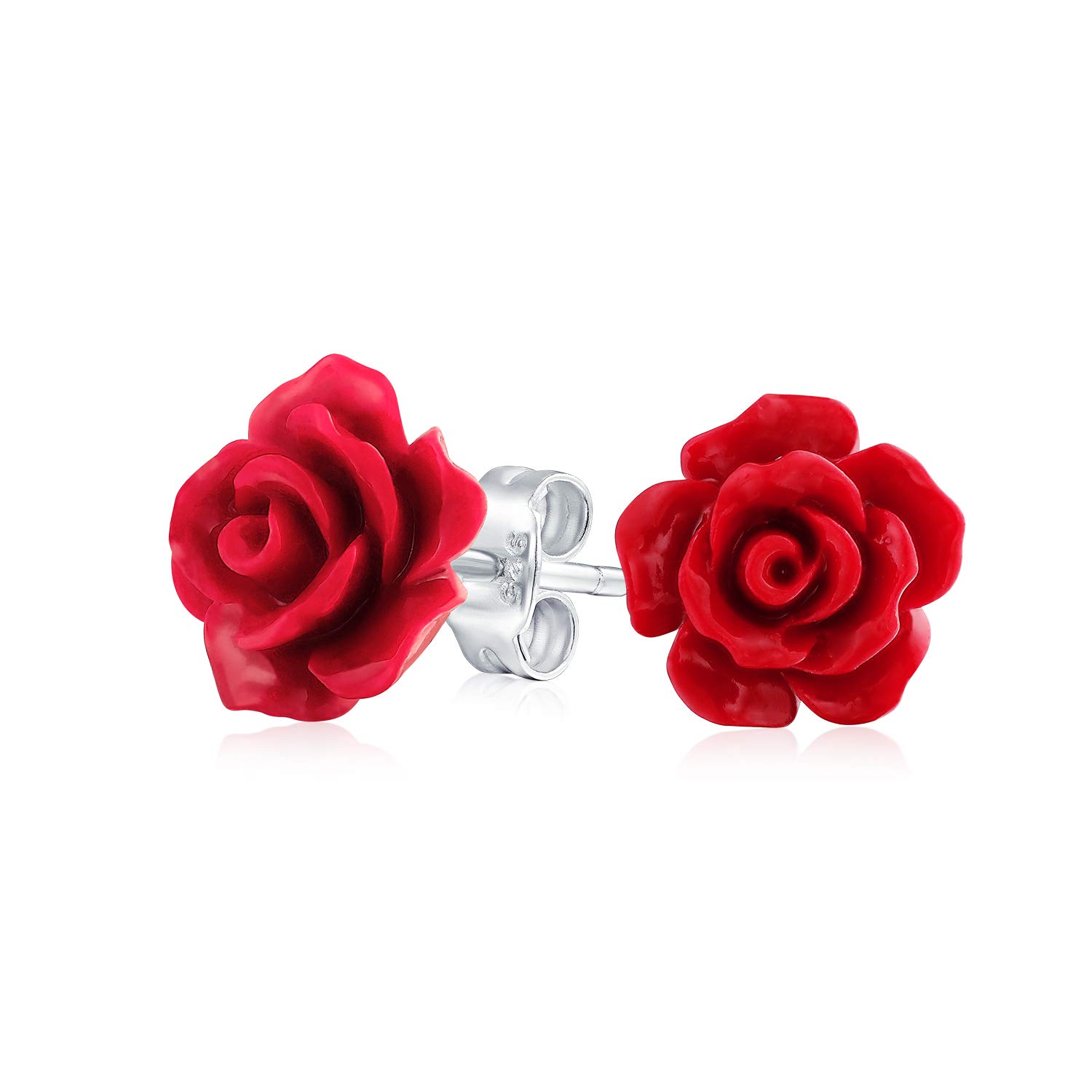 Romantic Delicate Floral Blooming 3D carved Red Rose Flower Stud Earrings For Women For Teen For Mother Silver Plated — image 1