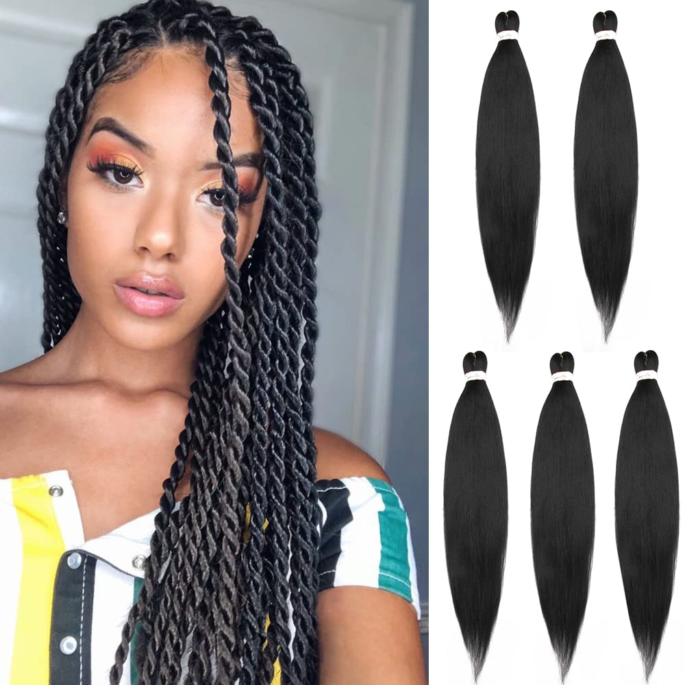 5 Packs Pre Stretched Braiding Hair Extensions Synthetic Natural Braid Crochet Yaki Hair Hot Water Setting Professional Soft Easy Braids 20 inches Jet Black