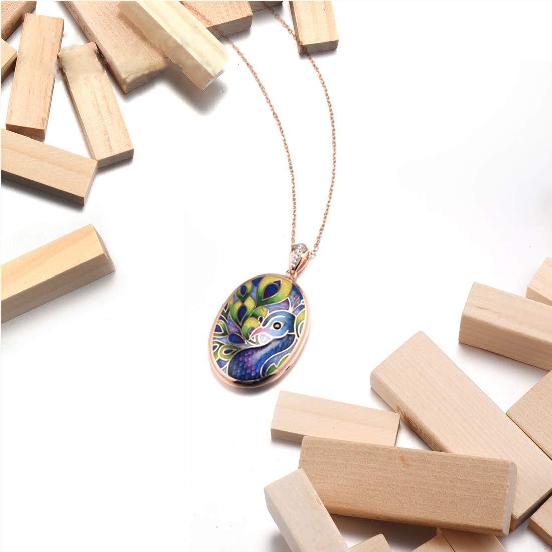 Santuzza 925 Sterling Silver Pendant Peacock Colorful Handmade Enamel Photo Locket Cubic Zirconia Trendy Jewelry (Rose Gold)