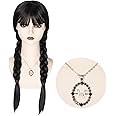 M MISS U HAIR Women Girls Long Black Braids Wig with Bangs Long Straight Pigtails Wig for Adult Costume Halloween Wig