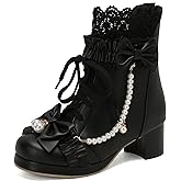 LUXMAX Women Cute Lolita Boots Chunky Mid Heel Ankle Boots with Bow Platform Lace Up Booties with Pearl