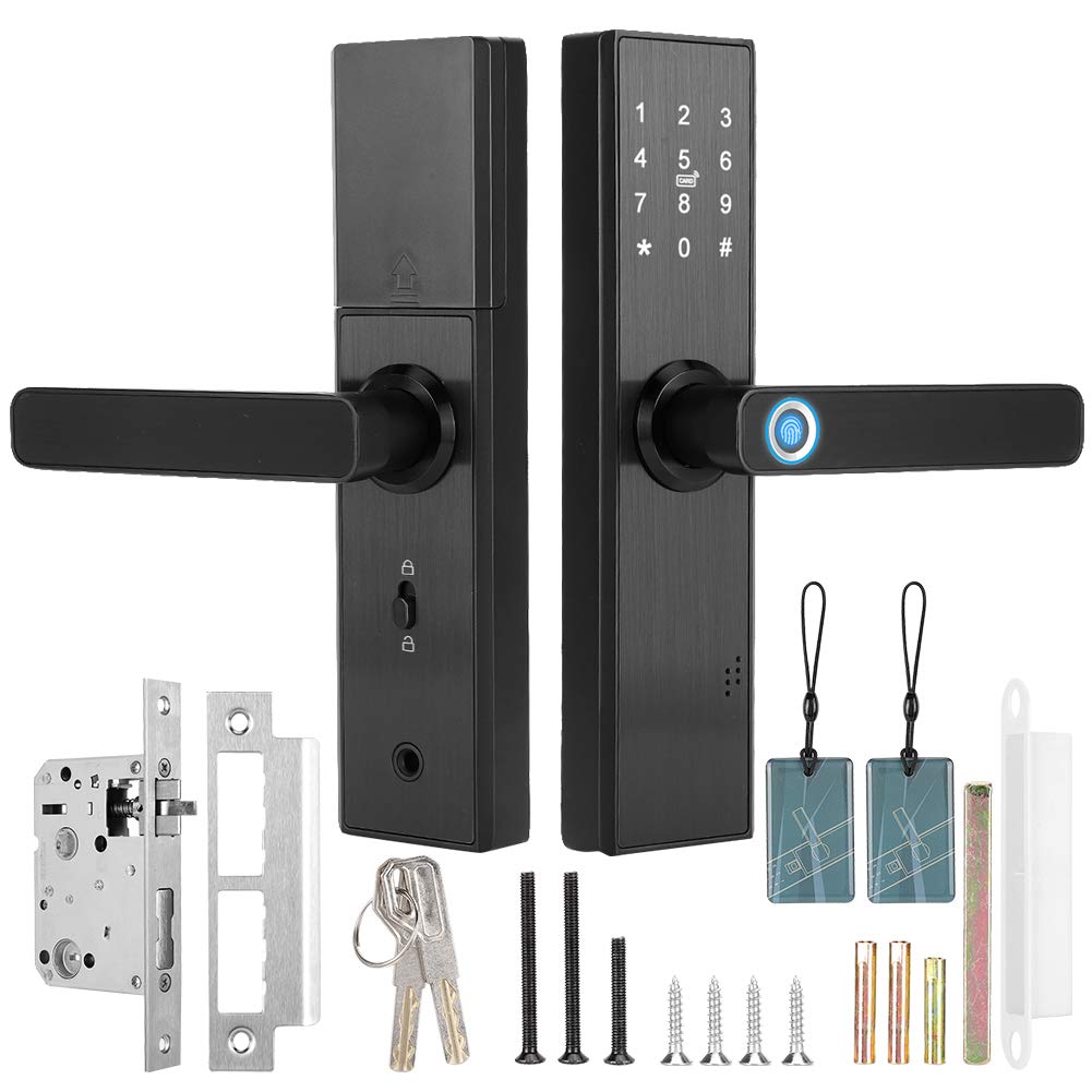 Qivine Smart Door Lock with Handle, Fingerprint Door Lock Touchscreen WiFi Smart Locks Front Door Password IC Card Smart Door Handle with 2 Keys and 2 Access Cards for Bedroom, Office
