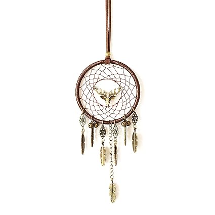 Mehrunnisa Bohemian Deer Dream Catcher Wind Chime Car Hanging (Brown + Metal Feather)