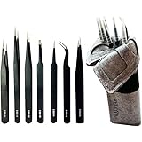 WELOYA 7 Pieces Precision Non-magnetic Anti-static ESD Tweezers Stainless Steel Forceps for Electronics, Jewelry-making, Laboratory Work