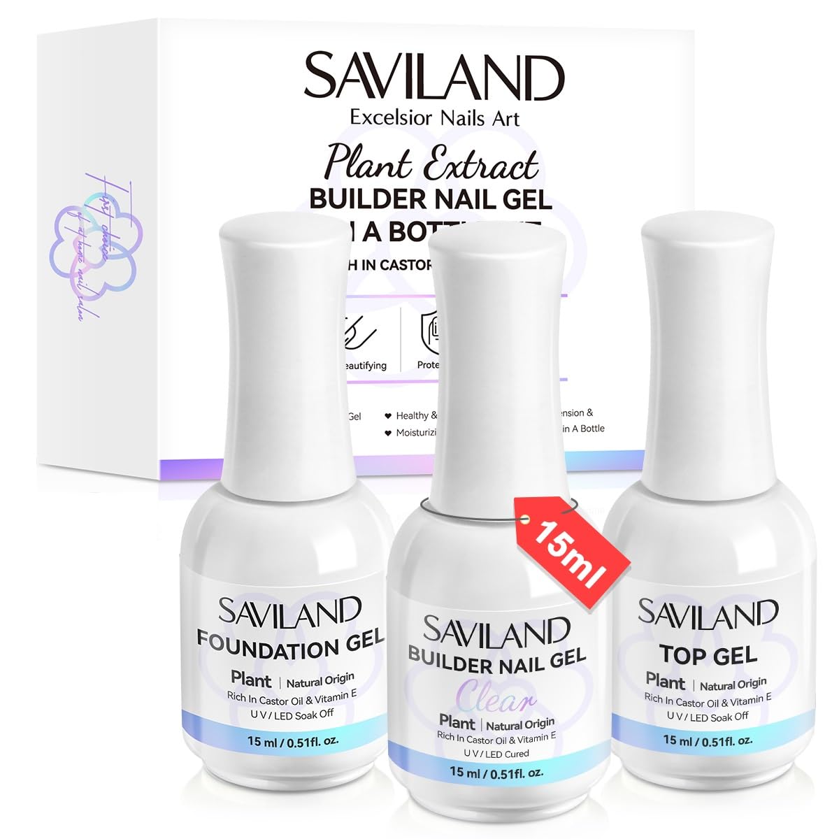 Saviland Builder Nail Gel with Base & Top Gel Set【Plant-Based】, 15ml Clear Builder Gels for Nails Base Top Coat With Castor Oil & Vitamin E Ingredients, Builder Gels In A Bottle Hard Gel Builder