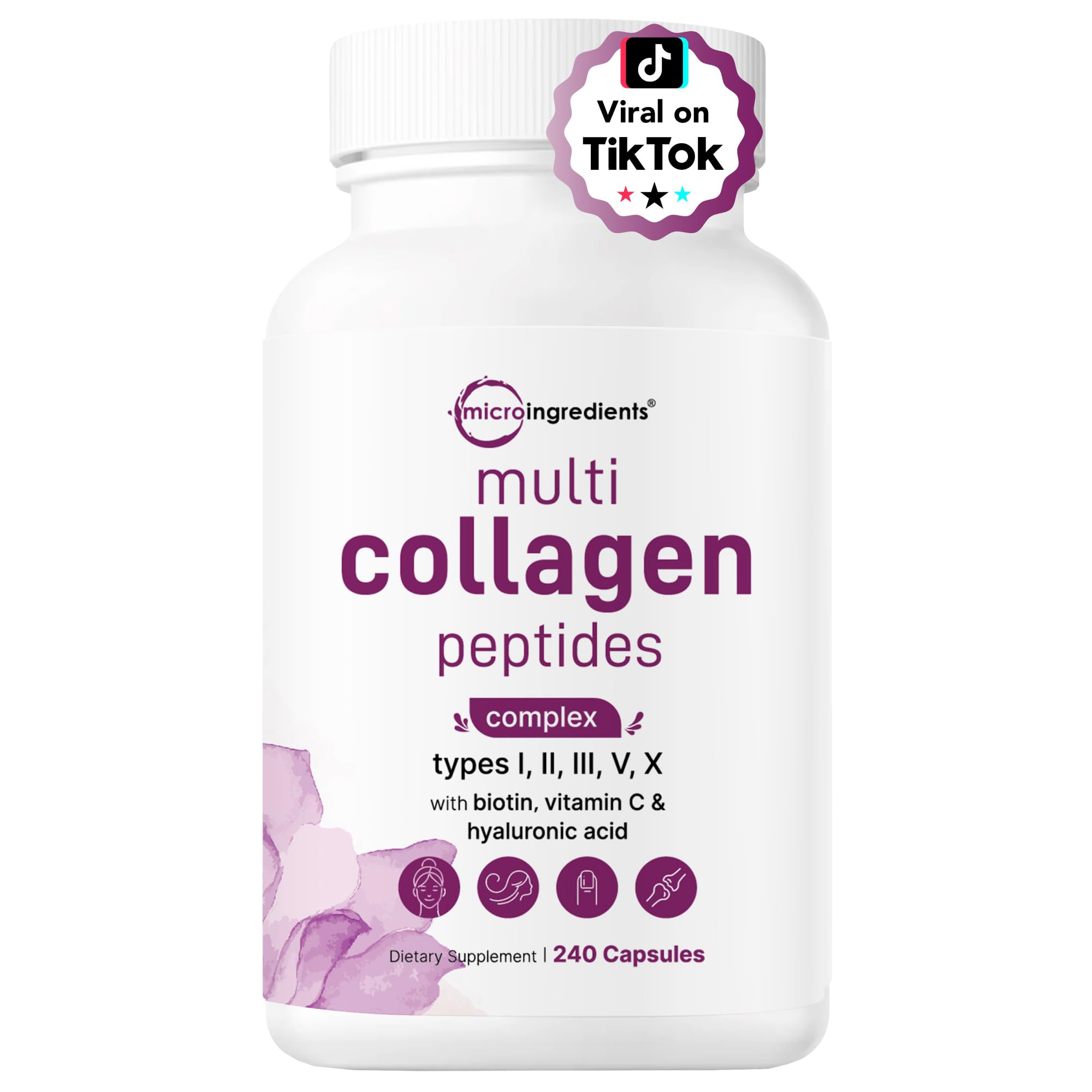 Micro Ingredients Multi Collagen Pills for Women & Men, 240 Capsules | Type I, II, III, V, X - Hydrolyzed Collagen Peptides with Biotin, Hyaluronic Acid & Vitamin C | Hair, Skin, Nail & Joint Support