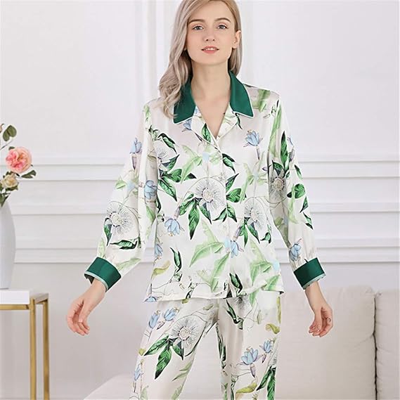 Amazon Co Jp 女子100シルクパジャマセットグリーン新鮮な花柄ロングパジャマレディース2個19匁ピュアマルベリーシルクロングパジャマナイトウェア部屋着 ファッション