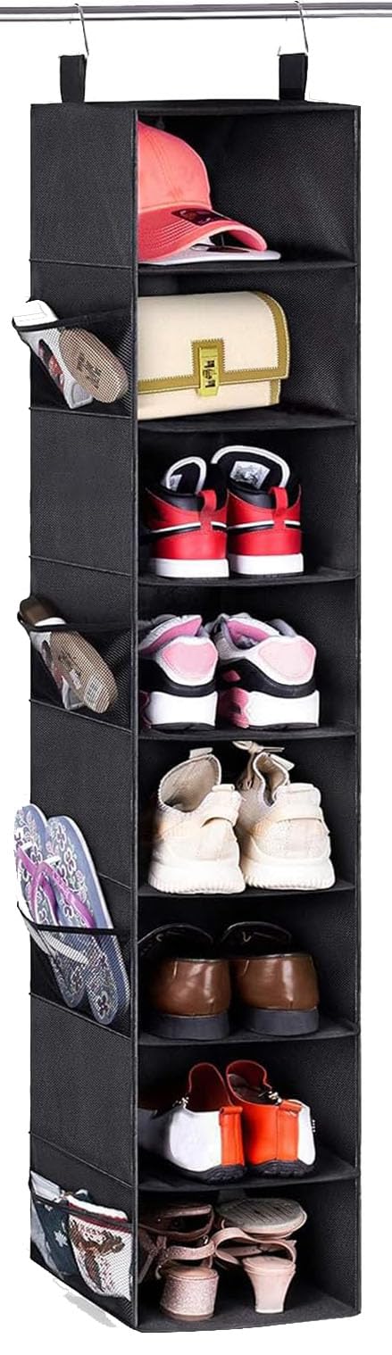 MISSLO 8-Shelf Hanging Shoe Rack for Wardrobe Shoe Storage Organiser with Side Mesh Pockets for Handbags, Clothes, Hat Organizer, Black