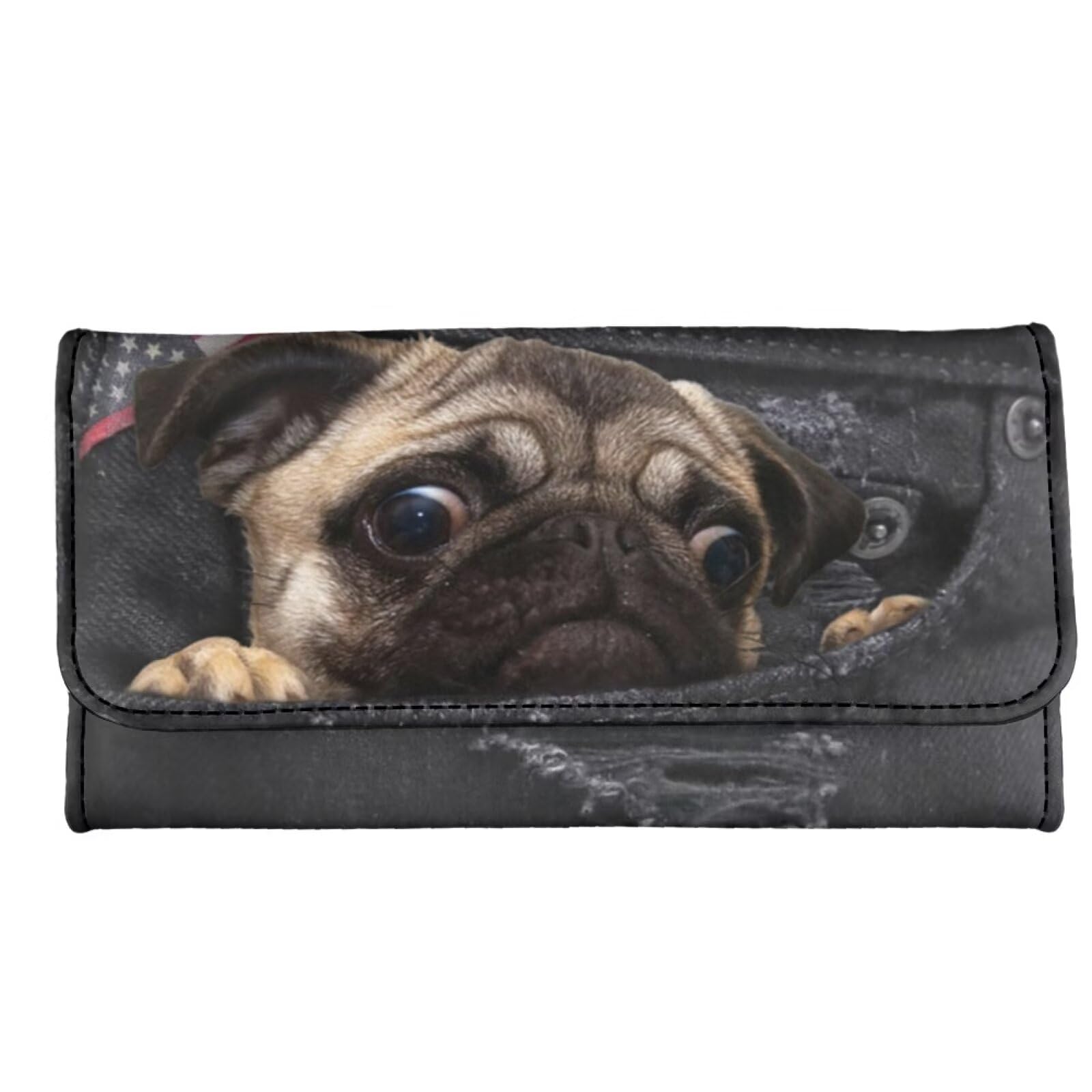 Howilath Jeans Pocket Pug Dog Womens Wallet Clutch Organizer with Change Pocket, Credit Card Clutch Long Purse for Women