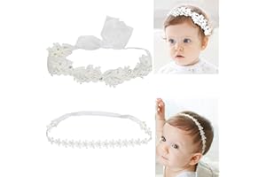 JAWFAIT Elegant White Flower Christening Headbands for Baby Girl, Elastic Soft Lace with Cute Tulle Pearl Hair Strap, Stretchy Baptism Halo for Pure Newborns Infants Toddlers (Over 6 Months) (2 Pack 18-20in)